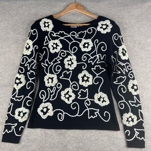 Carlisle Black Silk Top with White Embroidery